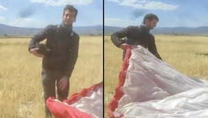 Kanadalı paraşütçü ile çiftçinin keyifli sohbeti güldürdü