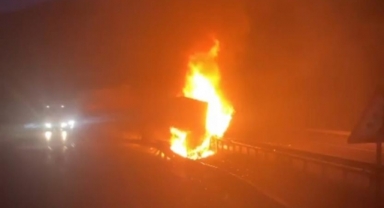 Seyir halinde yanan tır bariyerlere çarptı