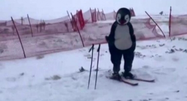Ayı ve penguen kostümü giyip Uludağ’da kaydılar