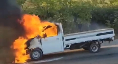 Arıza yapan kamyonet alev alev yandı
