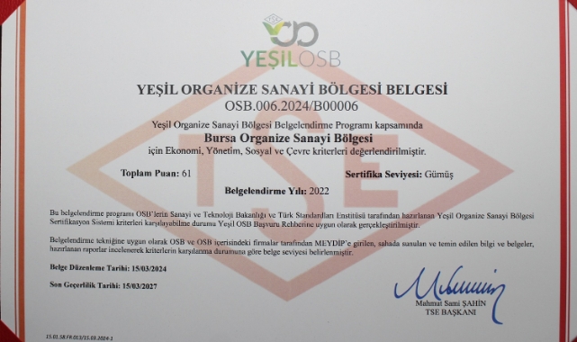 Bursa OSB ‘Yeşil OSB’ oldu