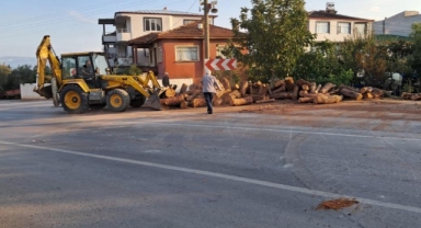 Kamyon virajı alamadı, tomruklar yola saçıldı