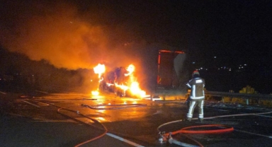Kargo kamyonu otoyolda alev alev yandı