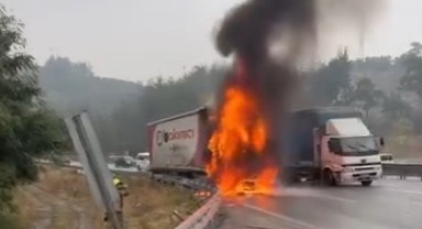 Seyir halindeki tır alev alev yandı
