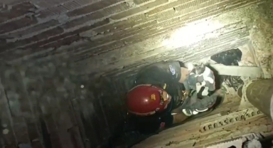 Apartman boşluğunda mahsur kalan yavru kediyi itfaiye kurtardı