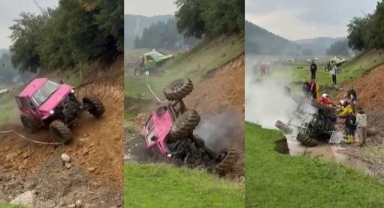 Off-road yarışında kontrolden çıkan araç böyle takla attı