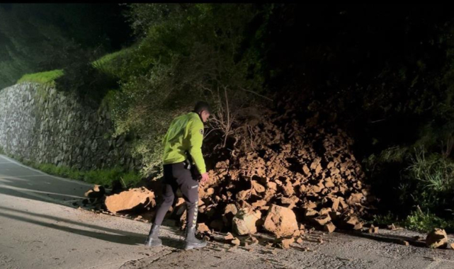 Heyelanla düşen kayalar yola savruldu